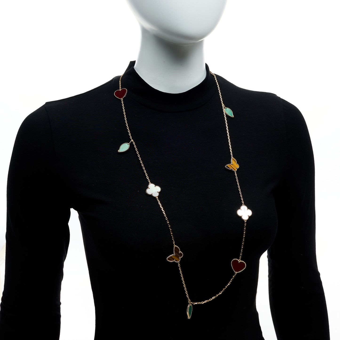 18K Yellow Gold Mother of Pearl Malachite Carnelian Tiger Eye 12 Motif Lucky Alhambra Necklace