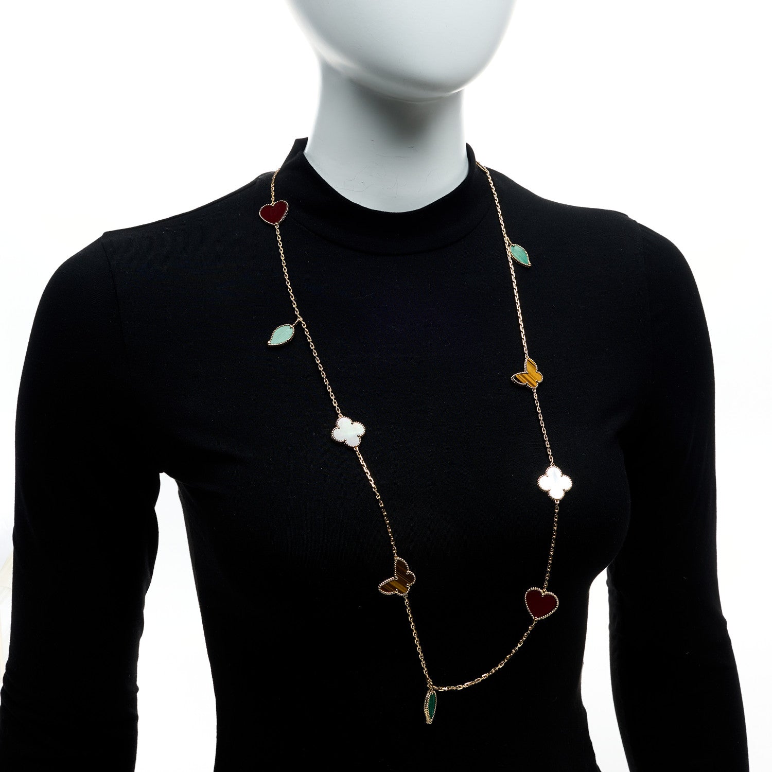 Van Cleef & Arpels 18K Yellow Gold Mother of Pearl Malachite Carnelian Tiger Eye 12 Motif Lucky Alhambra Necklace 2 of 6