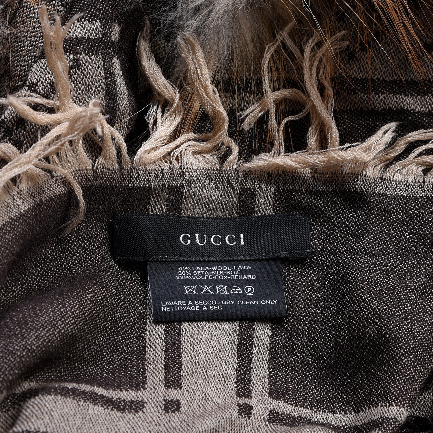 Gucci Wool Silk Fox Fur Monogram Shawl Scarf Brown 3 of 3