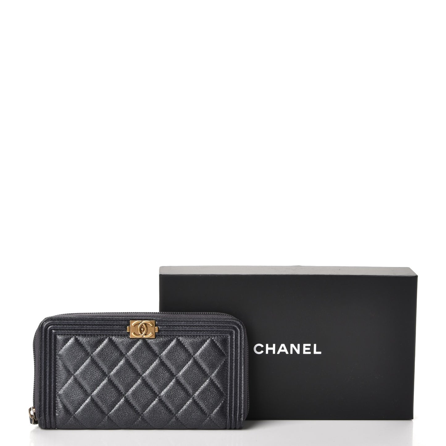 Iridescent Goatskin Quilted Boy Zip Around Wallet Charcoal