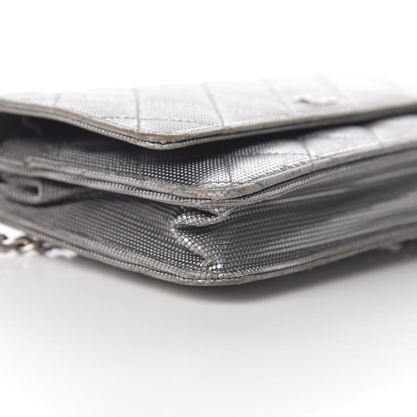 Metallic Calfskin Quilted Pixel Effect Wallet on Chain WOC Silver