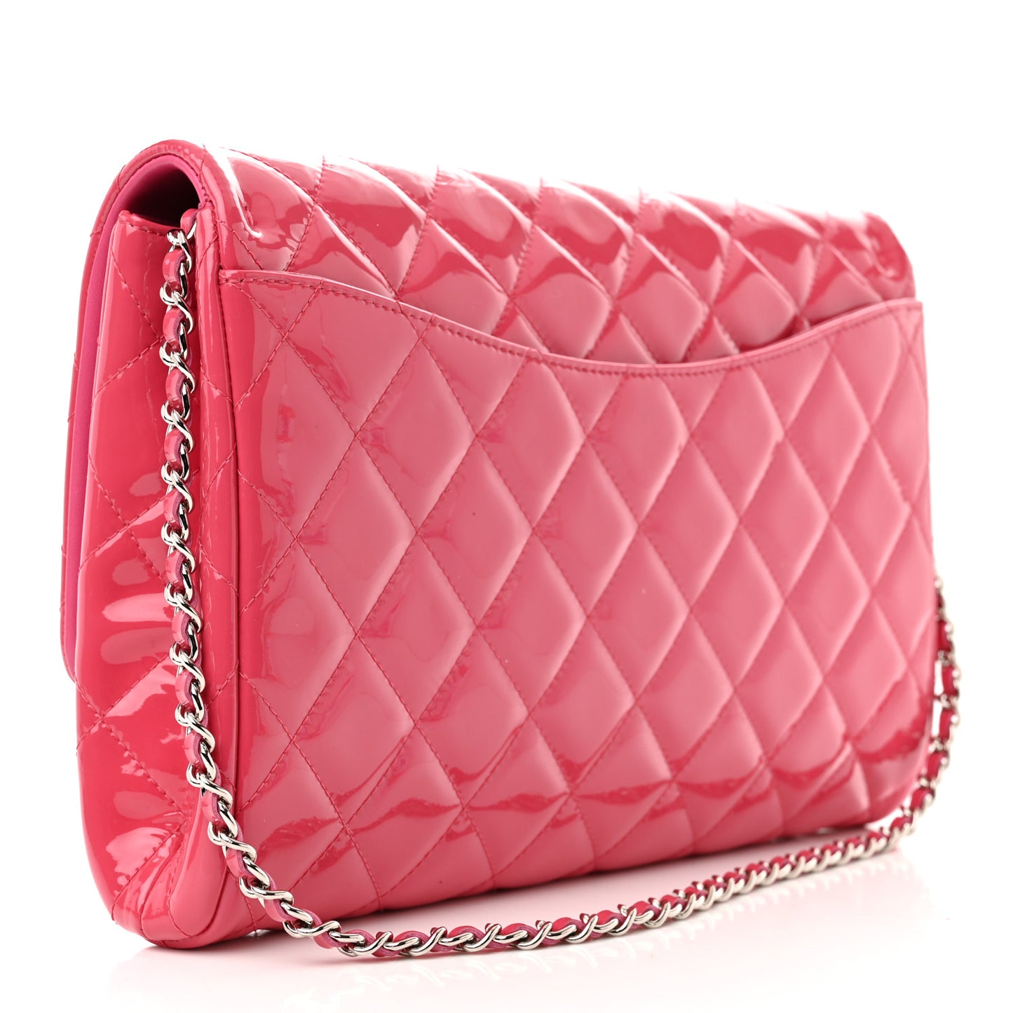 Patent Quilted Clutch with Chain Flap Fuchsia