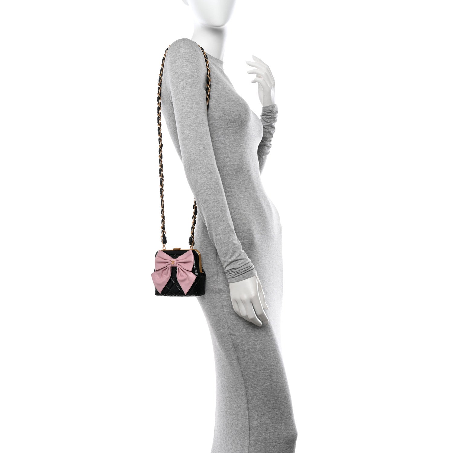 Chanel Patent Crumpled Lambskin Shiny Lambskin Quilted Maxi Bow Clutch With Chain Black Pink 2 of 11