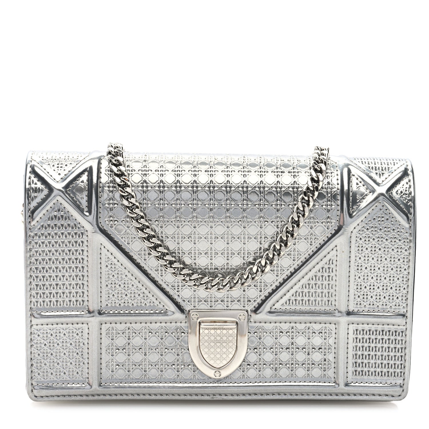 Christian Dior Metallic Patent Micro-Cannage Diorama Wallet on Chain Pouch Silver 1 of 10