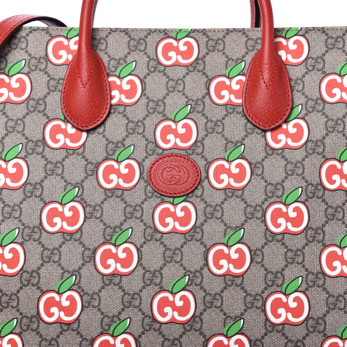 GG Supreme Monogram Apple Dollar Calfskin Large Retro Interlocking G Tote Bag Beige Ebony Multicolor Lobster Red