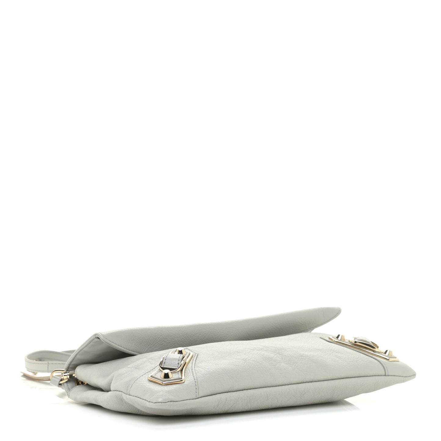 Agneau Gold Metallic Edge Hardware Envelope Strap Clutch Gris