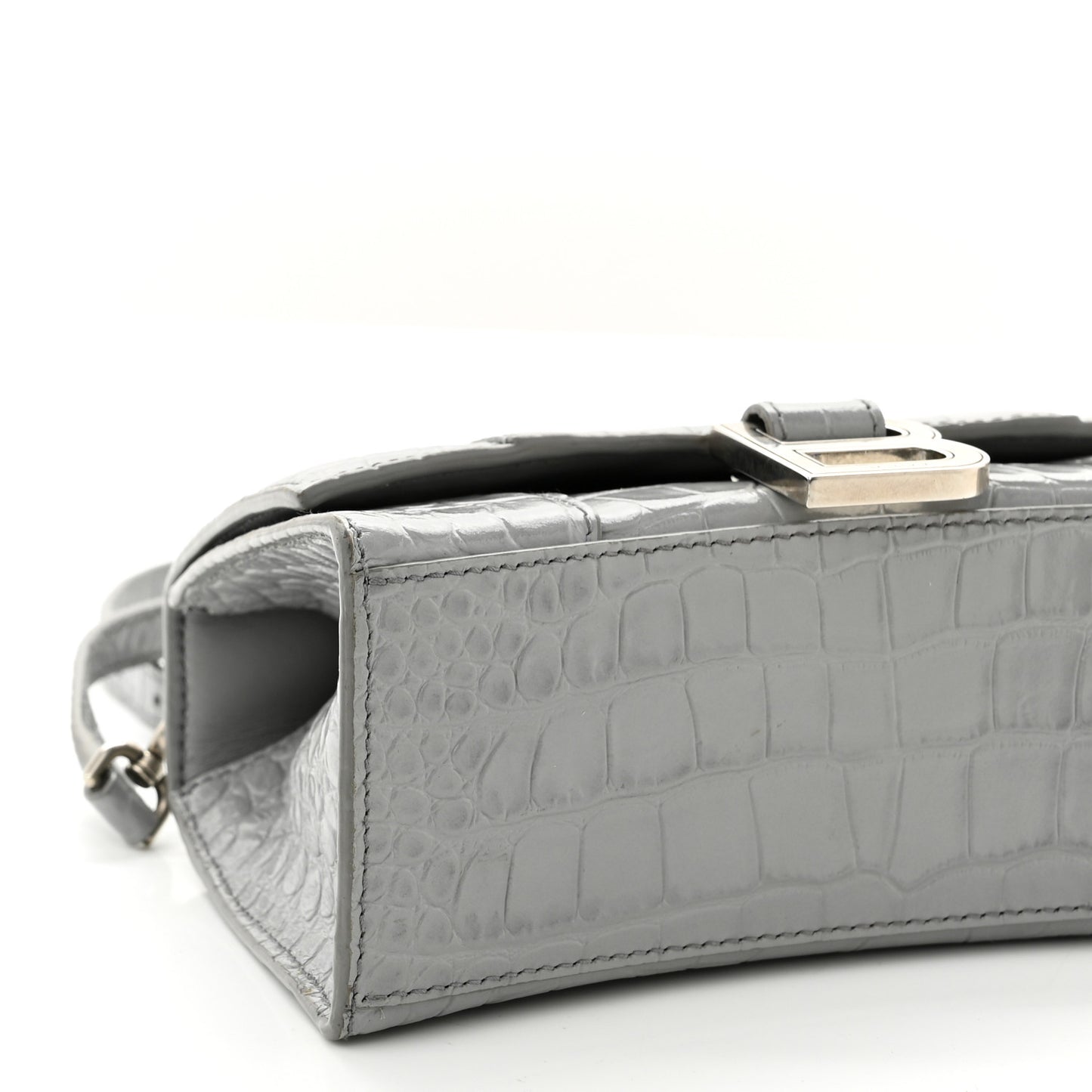 Shiny Calfskin Crocodile Embossed Hourglass Top Handle Bag XS Balenciaga Grey