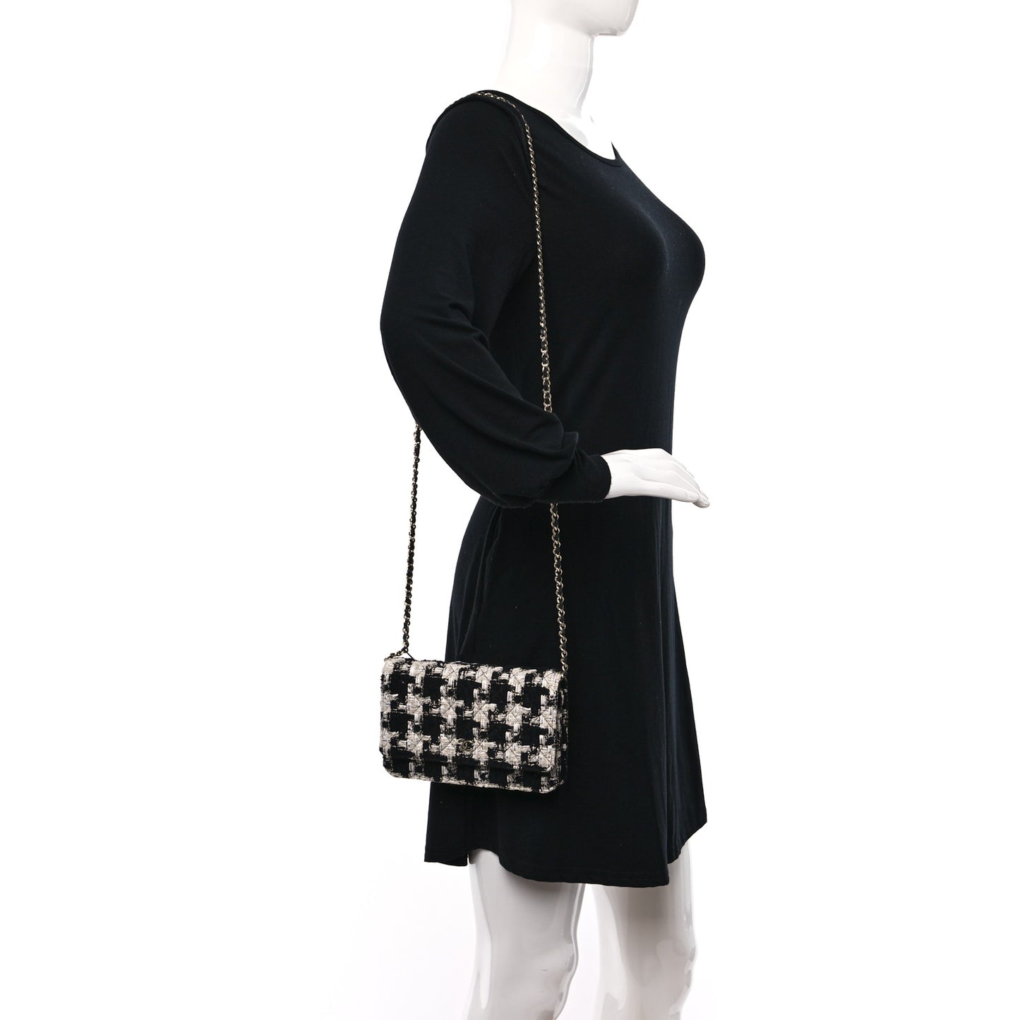 Tweed Quilted Wallet On Chain WOC Black Ecru White