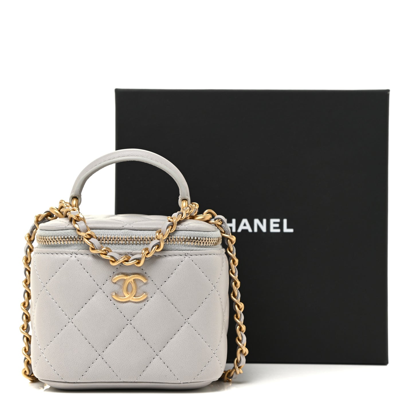 Lambskin Quilted Top Handle Mini Vanity Case With Chain Grey