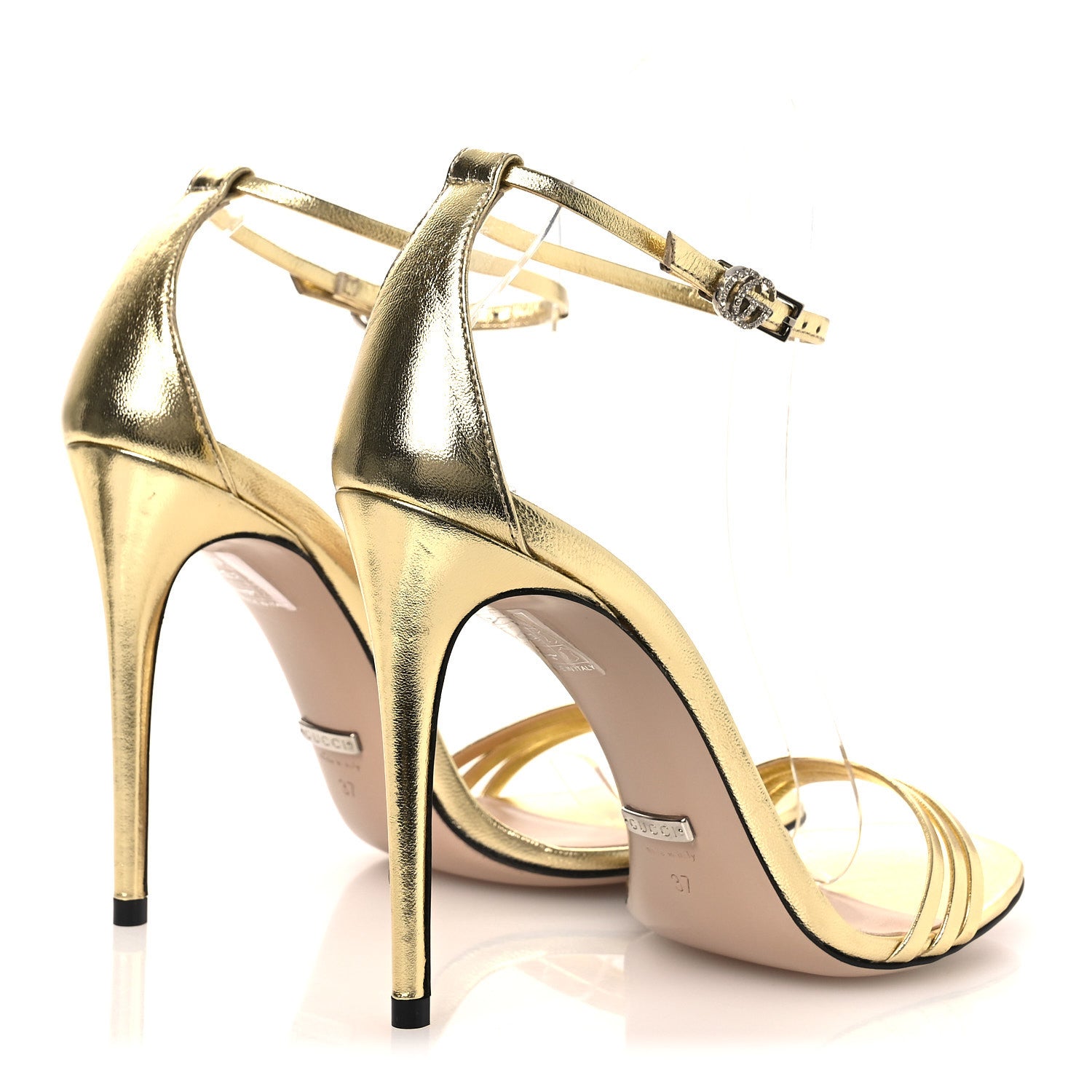 Gucci Metallic Crystal GG Ankle Strap High Heel Sandals 37 Gold 5 of 13