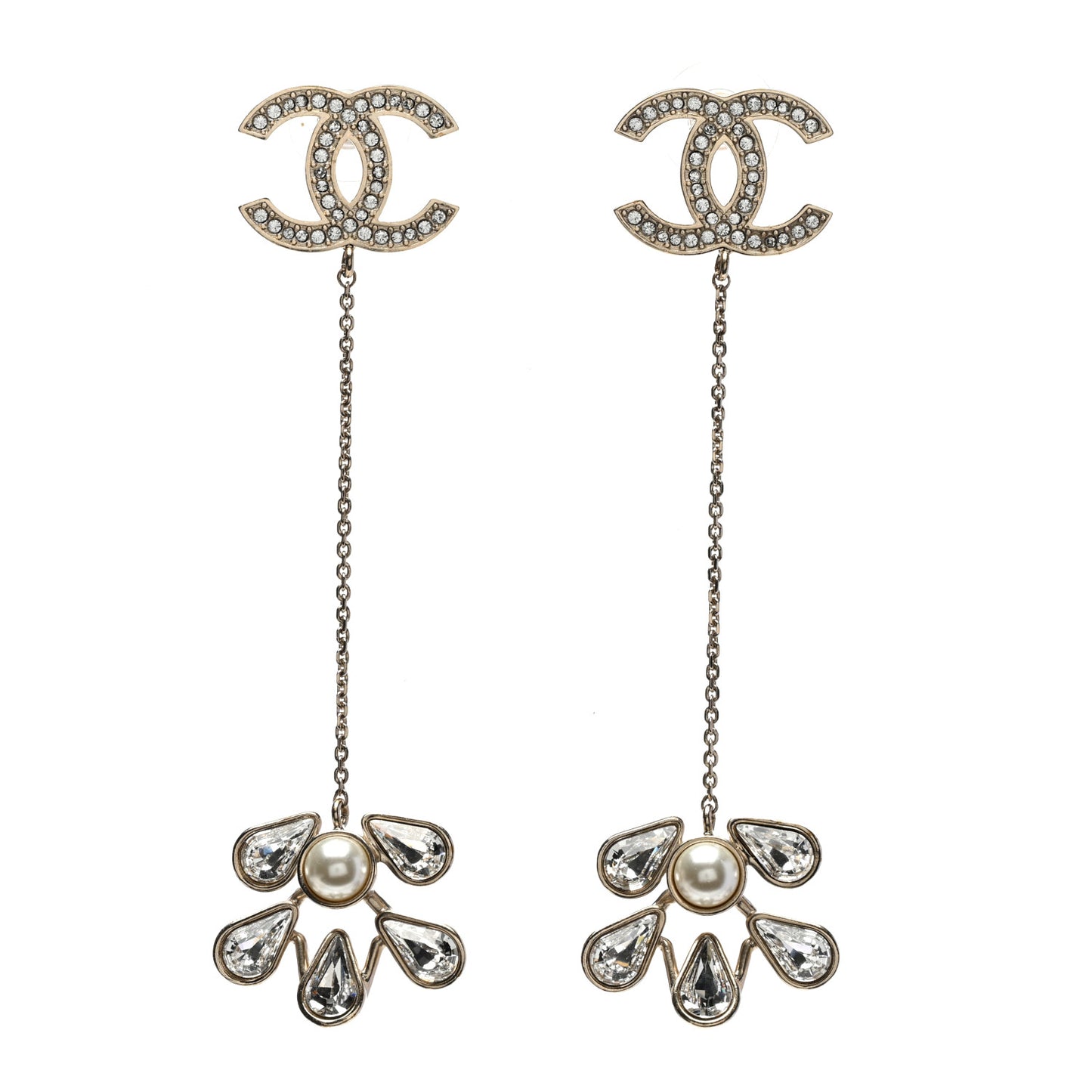 Pearl Crystal CC Drop Earrings Light Gold