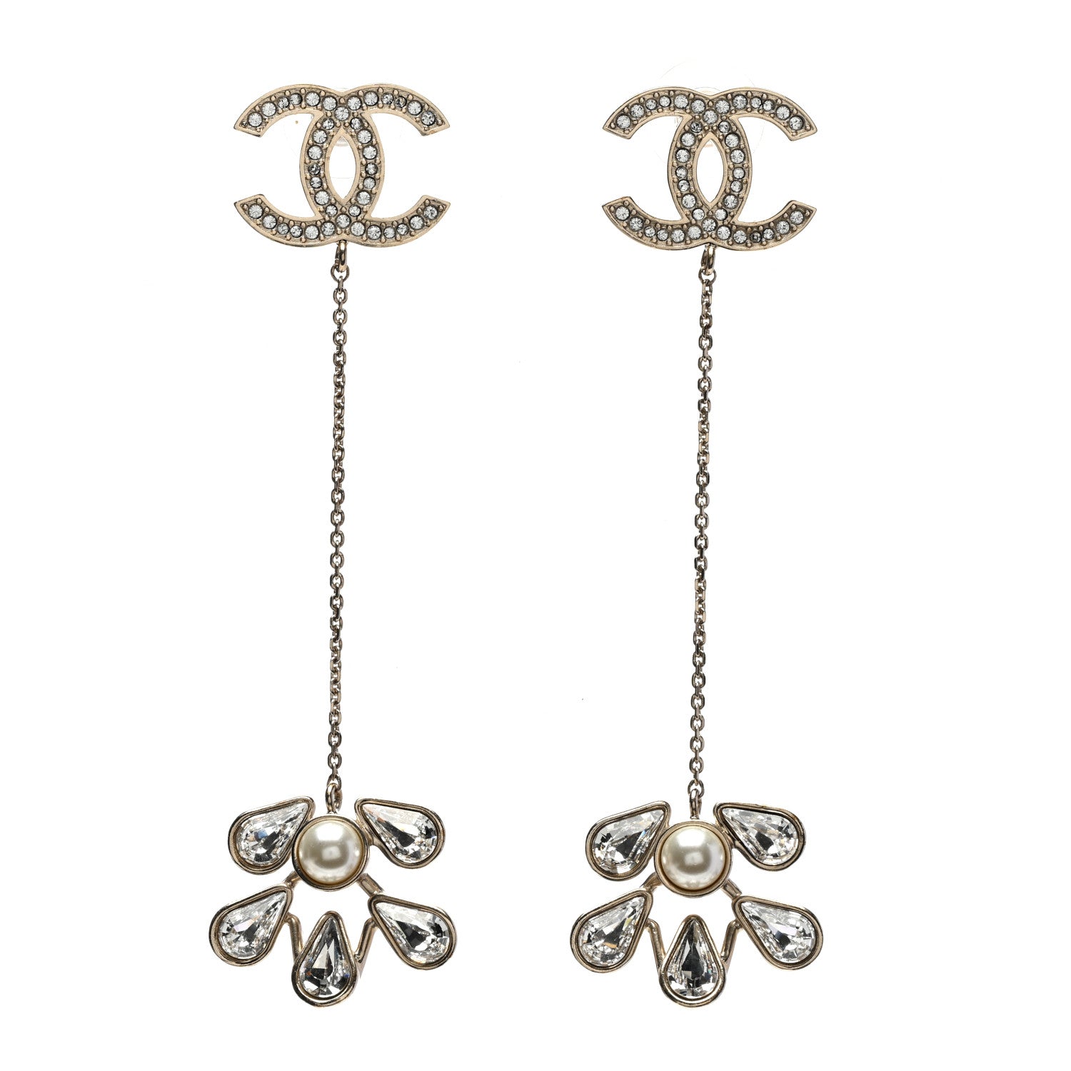 Chanel Pearl Crystal CC Drop Earrings Light Gold 1 of 5