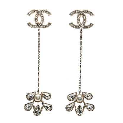 Chanel Pearl Crystal CC Drop Earrings Light Gold 1 of 5