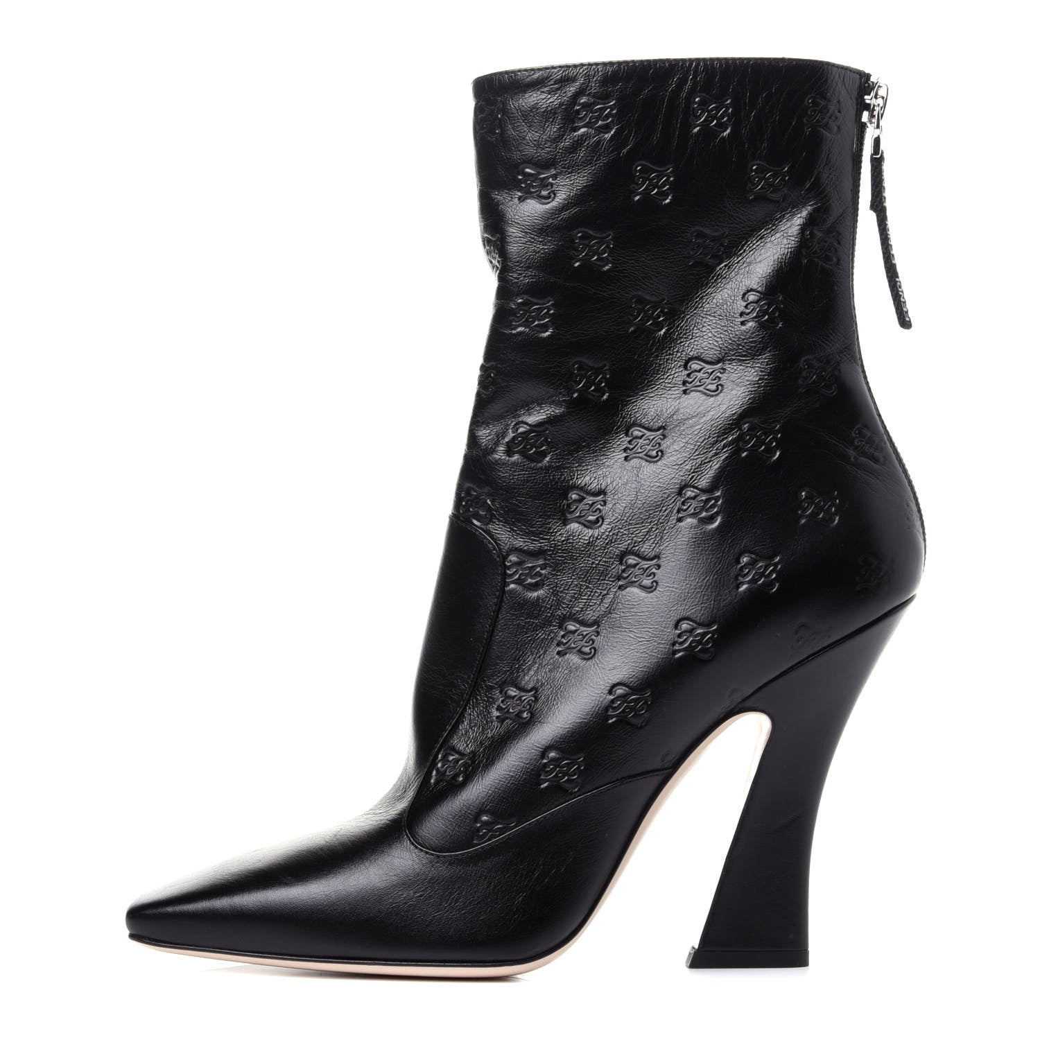 Fendi Vitello Karligraphy Embossed FFreedom High Heel Ankle Boots 40 Black 1 of 9