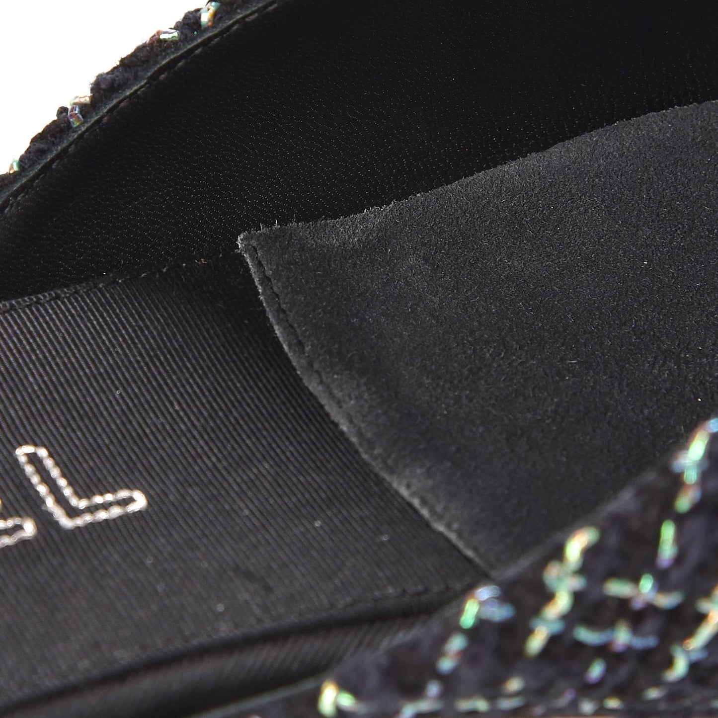 Tweed Grosgrain Camellia CC Flat Mules 40 Black Green
