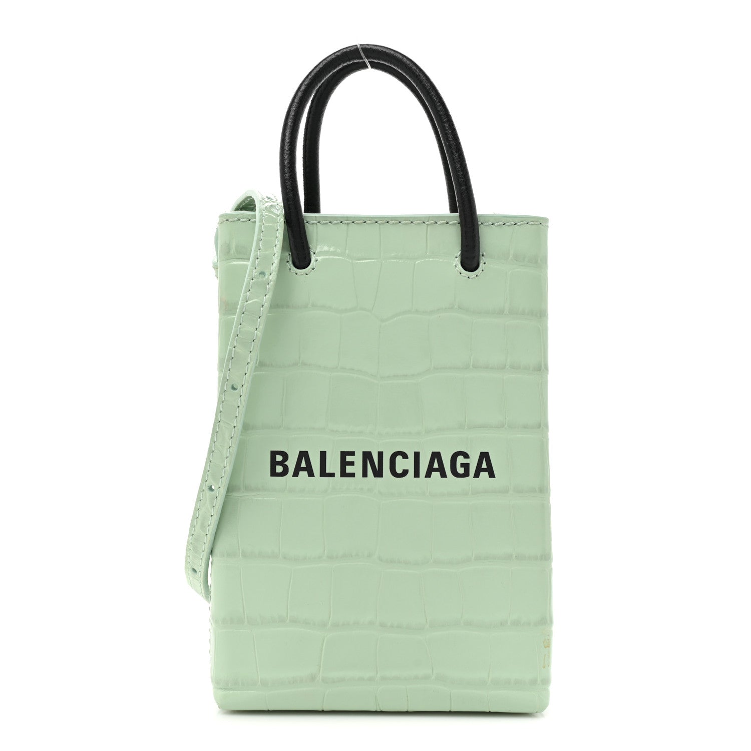 Balenciaga Shiny Calfskin Logo Crocodile Embossed Shopping Phone Holder Bag Light Green Black 1 of 12
