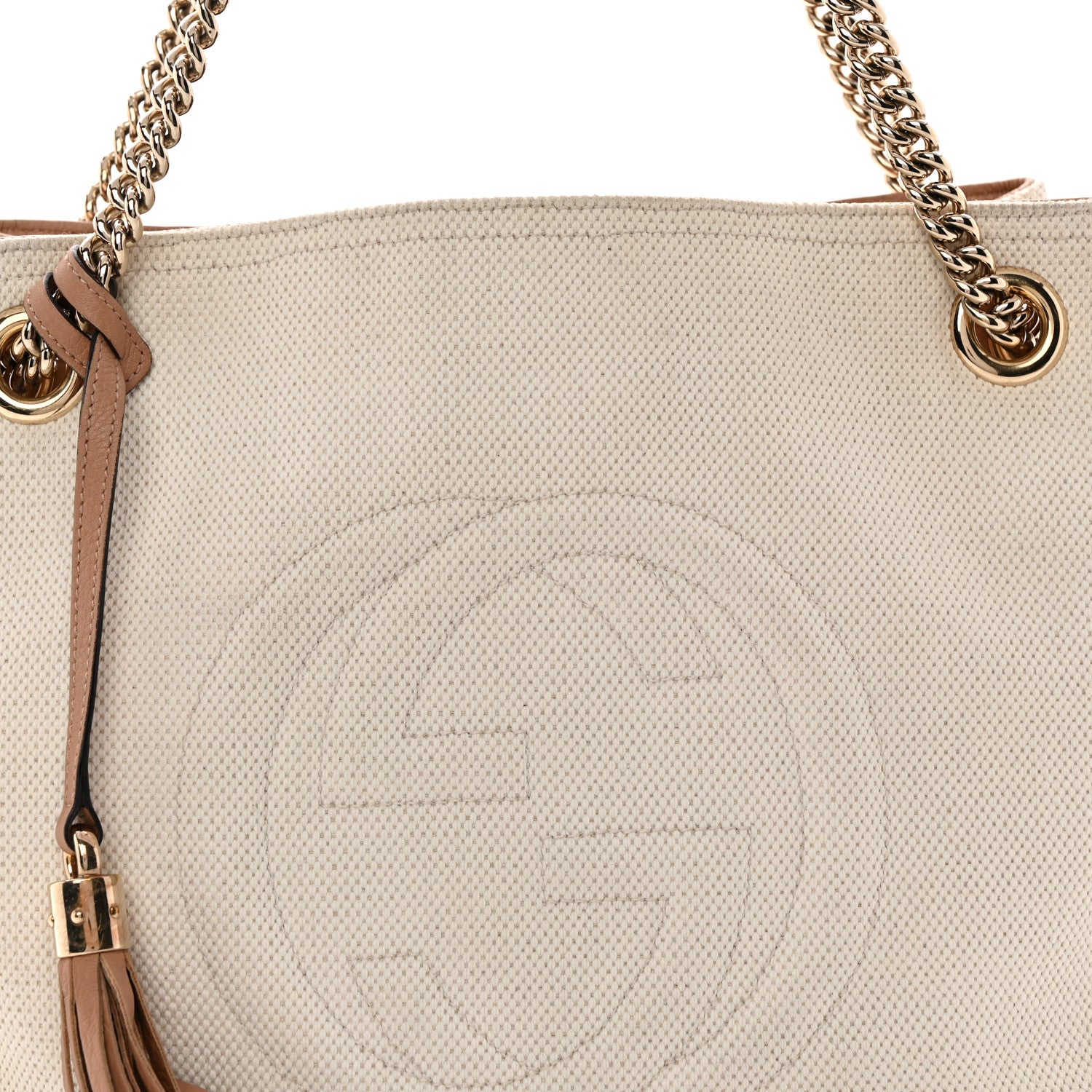 Gucci Linen Canvas Pebbled Calfskin Medium Soho Chain Shoulder Bag White Camelia 8 of 13