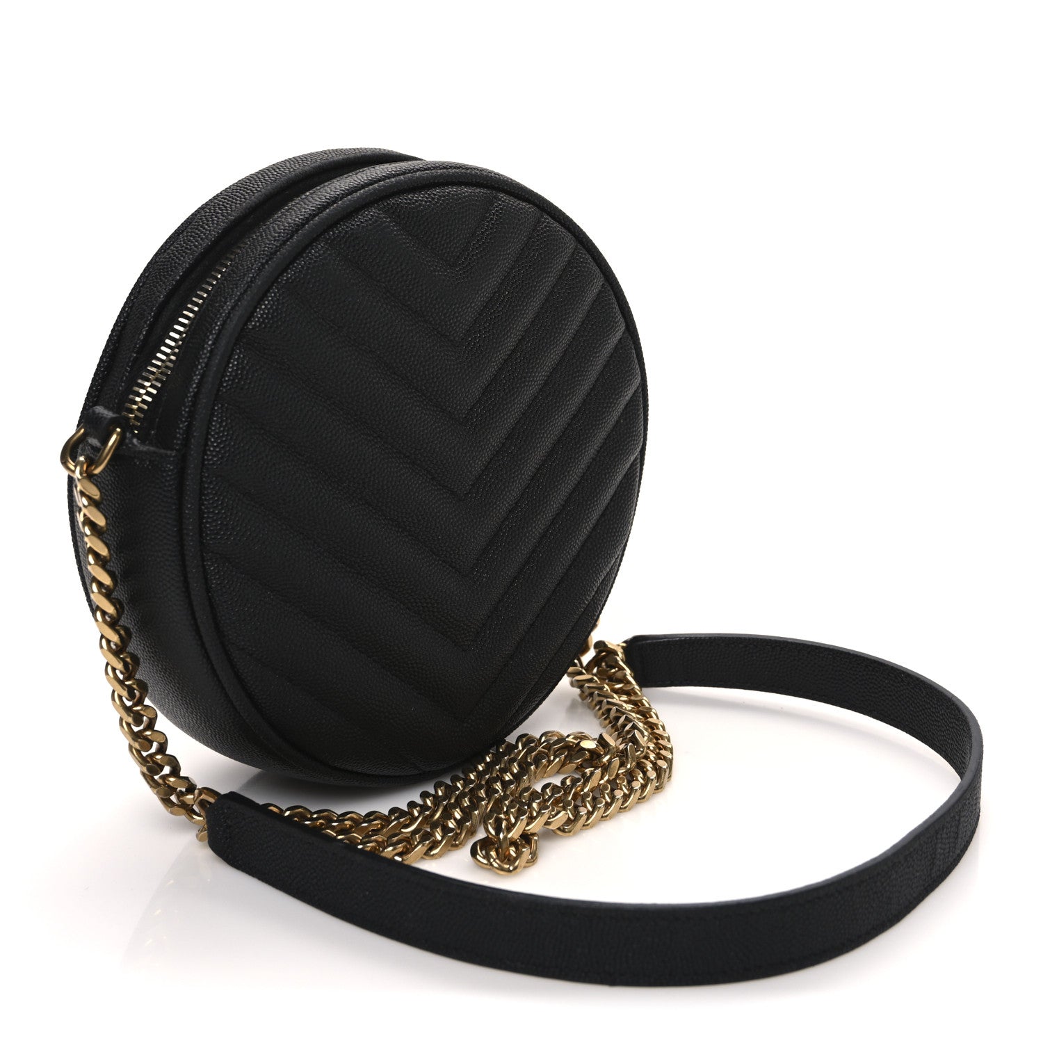 Saint Laurent Grain De Poudre Matelasse Chevron Quilted Round Vinyle Camera Bag Black 3 of 12