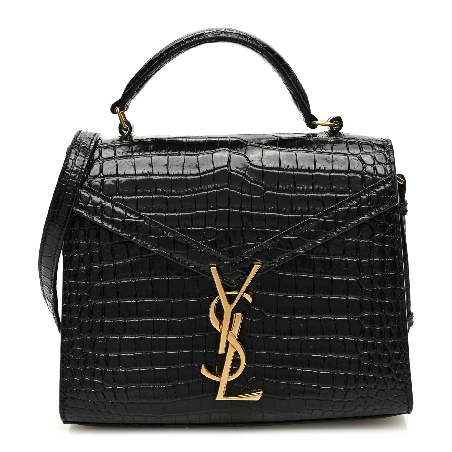 Calfskin Crocodile Embossed Mini Classic Monogram Cassandra Top Handle Black