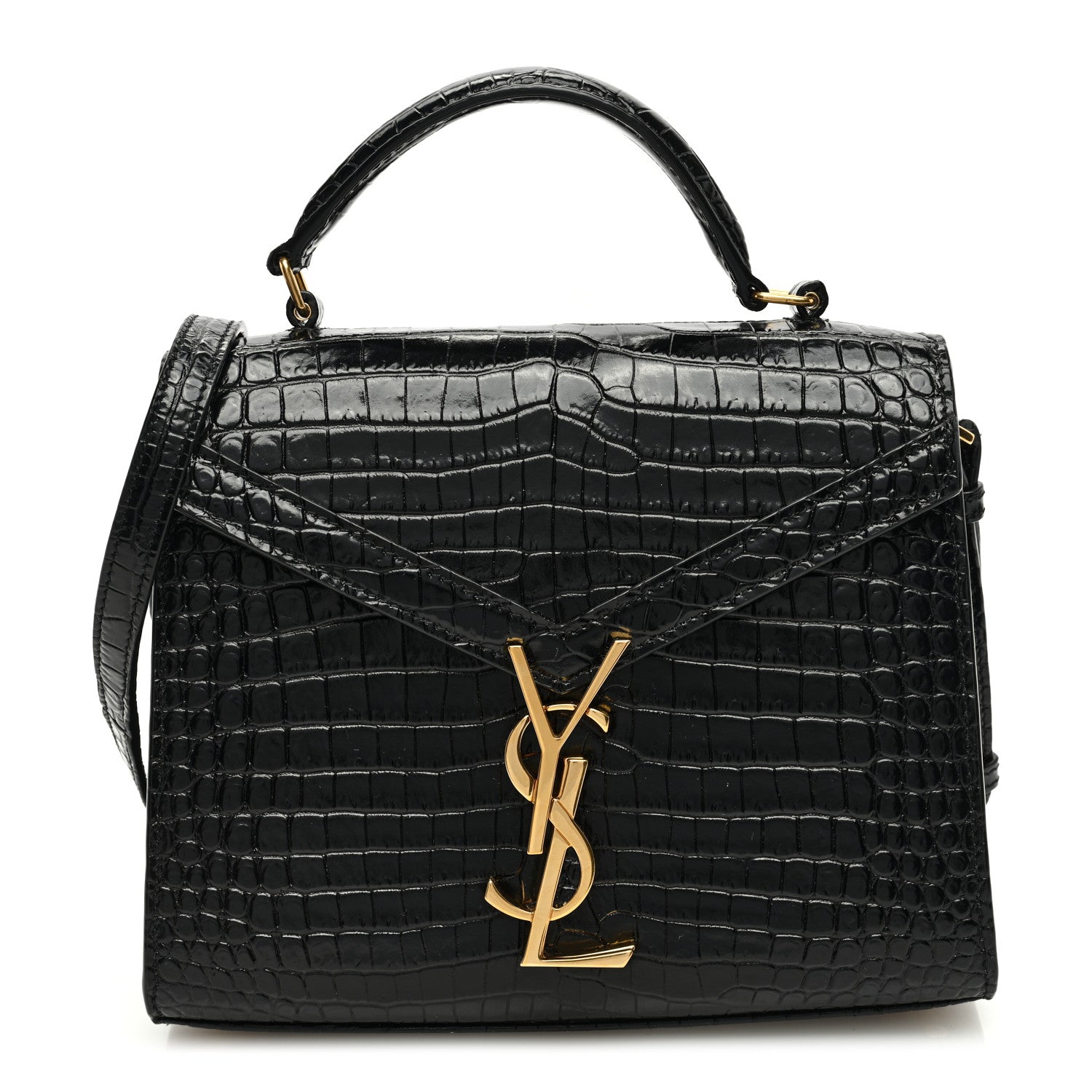 Saint Laurent Calfskin Crocodile Embossed Mini Classic Monogram Cassandra Top Handle Black 1 of 9