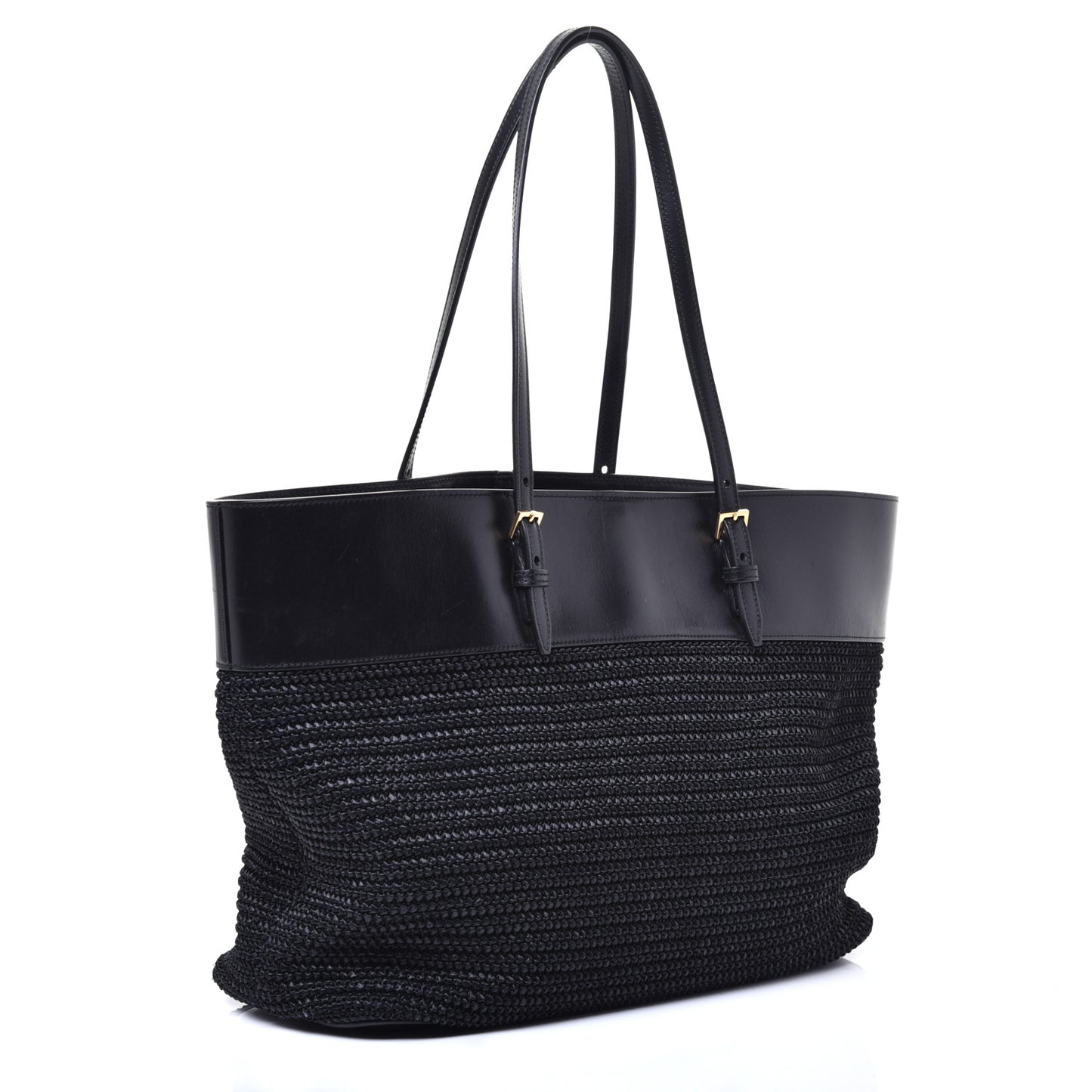 Calfskin Raffia Medium Shopper Tote Black
