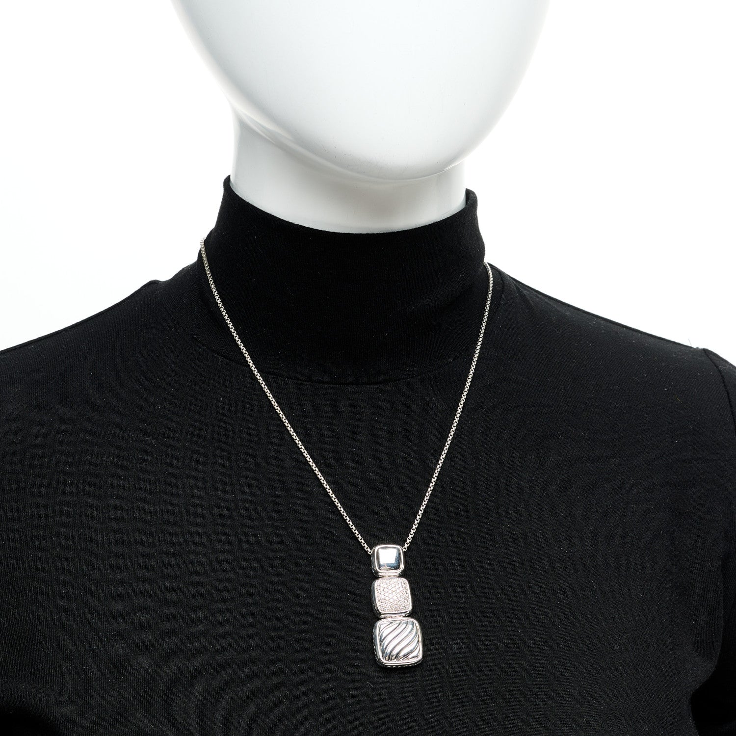 David Yurman Sterling Silver Diamond Chiclet Triple Drop Necklace 2 of 5