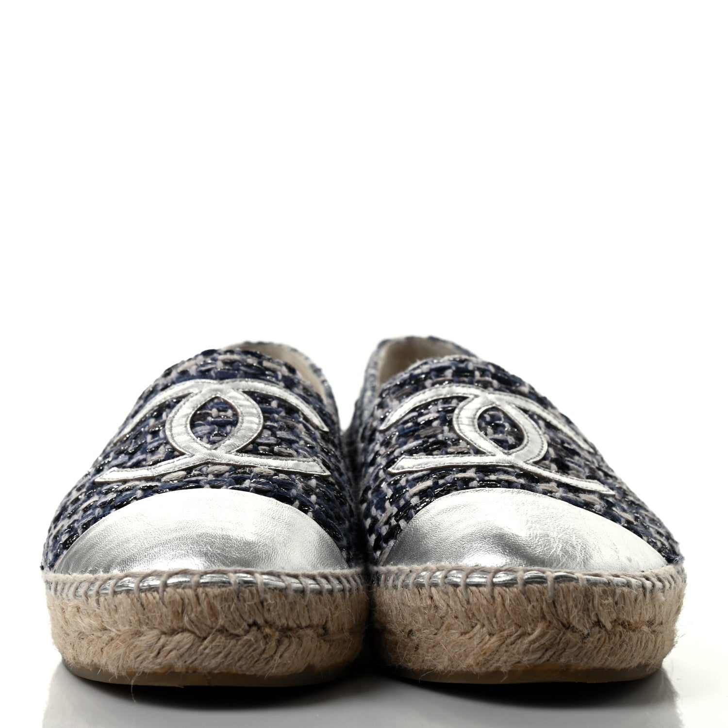Chanel Metallic Tweed Lambskin CC Espadrilles 38 Blue Black Silver 2 of 7
