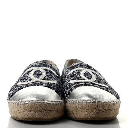 Chanel Metallic Tweed Lambskin CC Espadrilles 38 Blue Black Silver 2 of 7