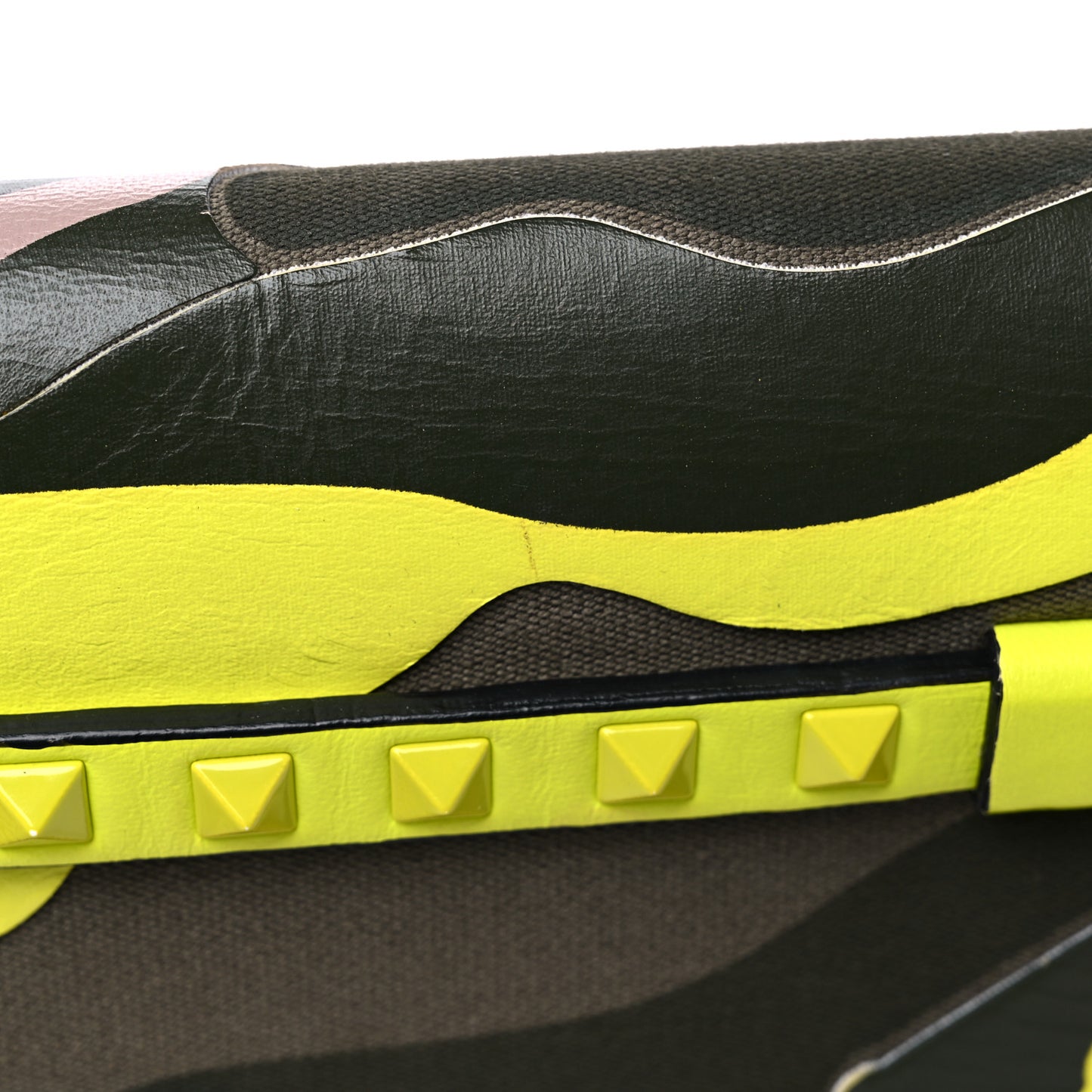 Nappa Canvas Camouflage Rockstud Wristlet Clutch Yellow Fluo Green