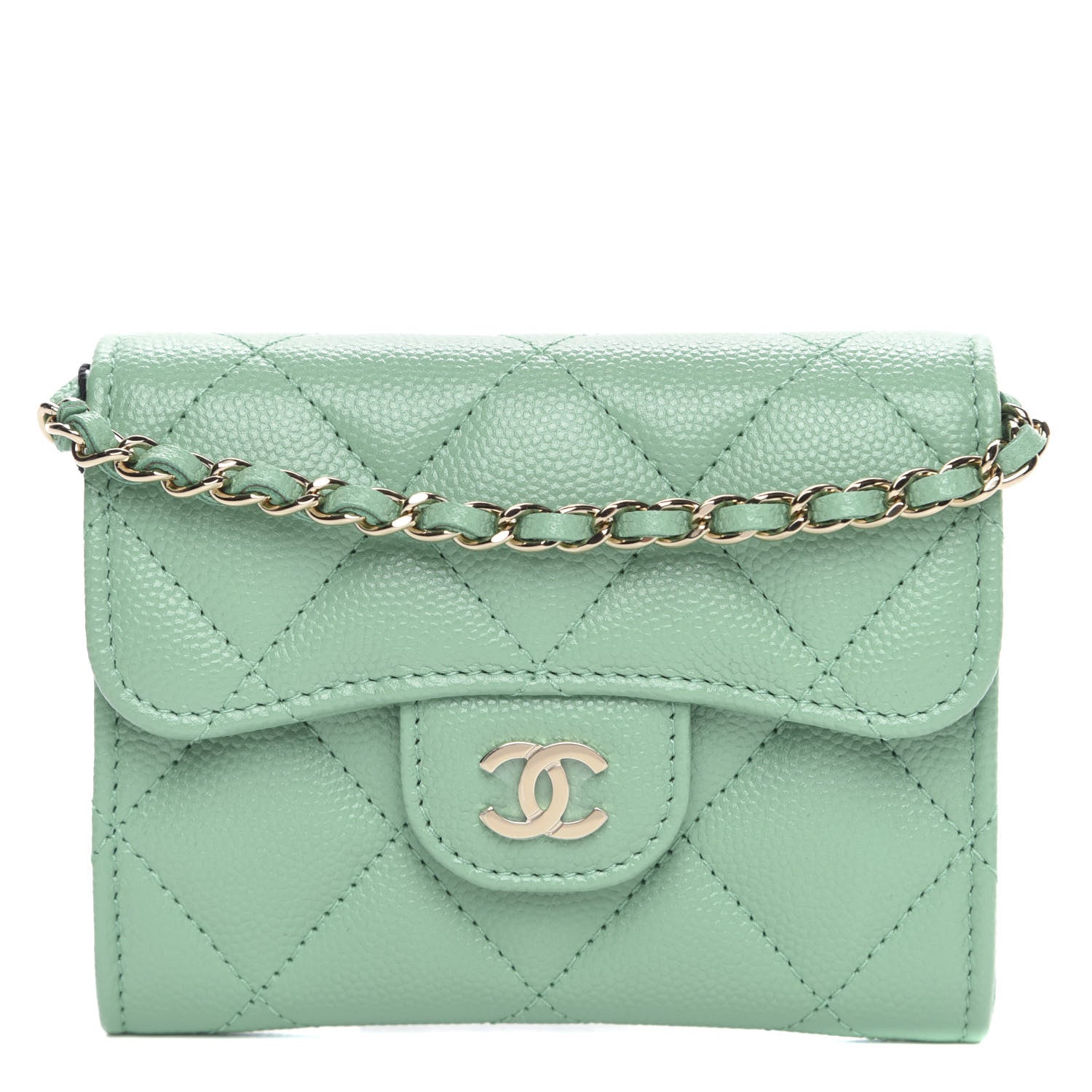 Chanel Caviar Quilted Flap Card Holder On Chain Light Green 1 of 10
