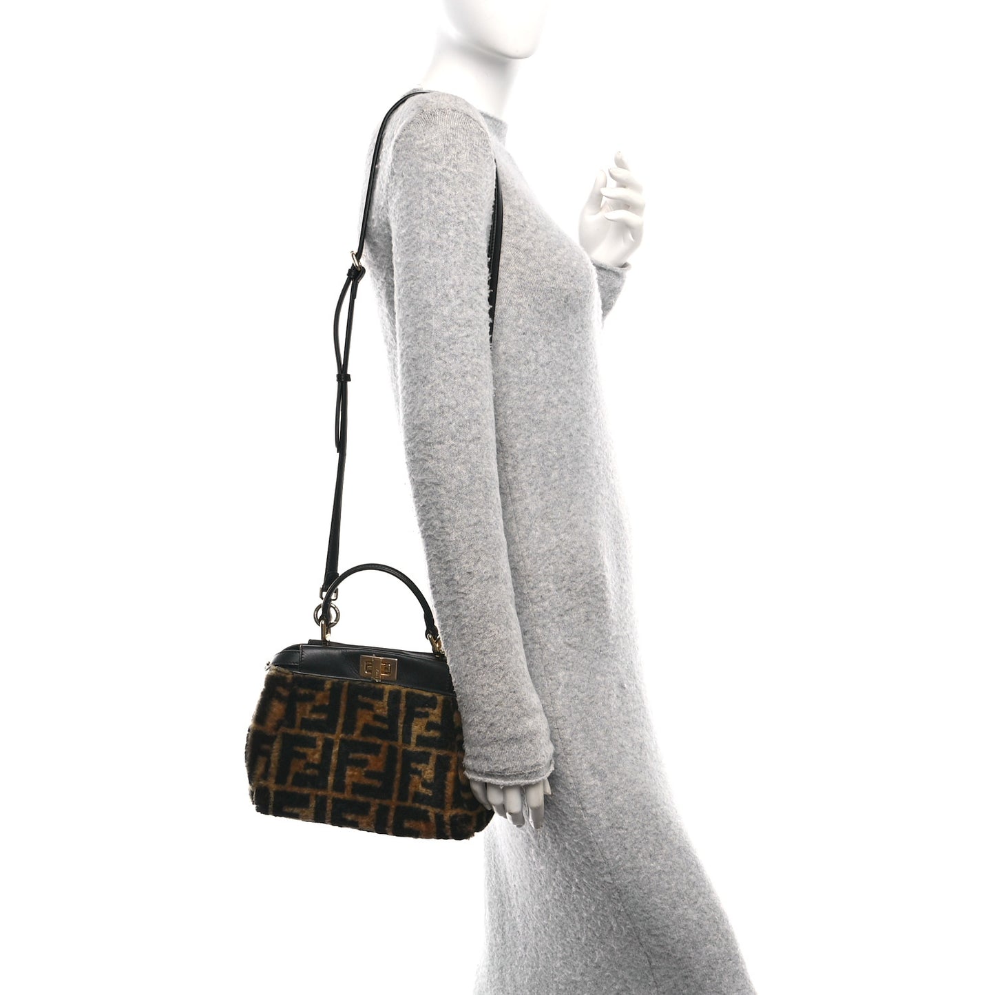 Shearling Nappa Macro FF 1974 Mini Peekaboo Iconic Satchel Tobacco Black