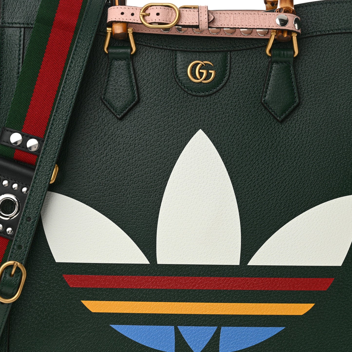 X Adidas Textured Dollar Calfskin Stripe Studded Large Diana Tote Bag Green Multicolor