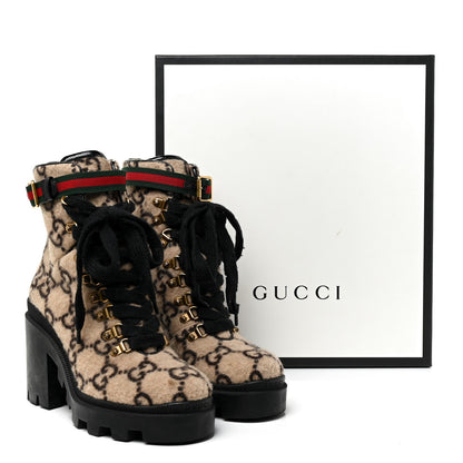 Gucci Covered Wool GG Monogram Womens Lace Up Combat Ankle Boots 38 Beige Ebony Black 35 of 36