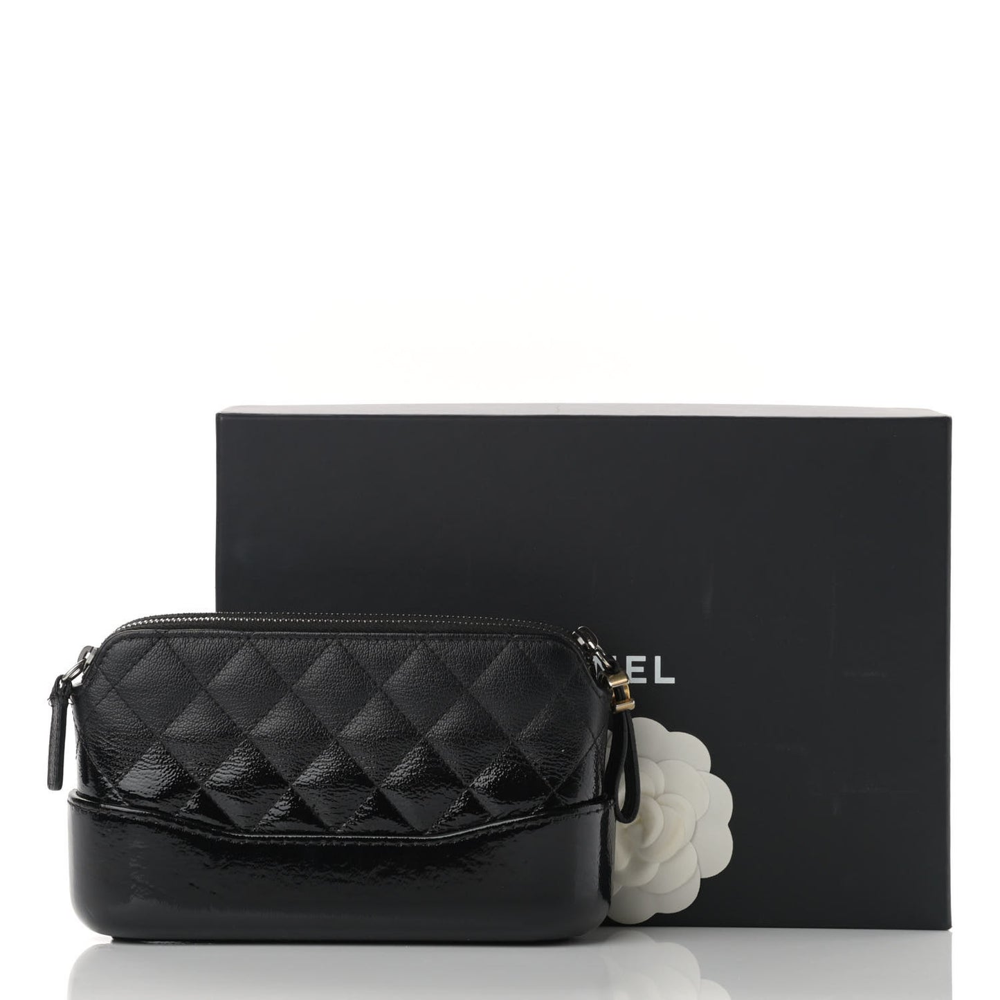 Patent Goatskin Quilted Small Gabrielle Clutch Black