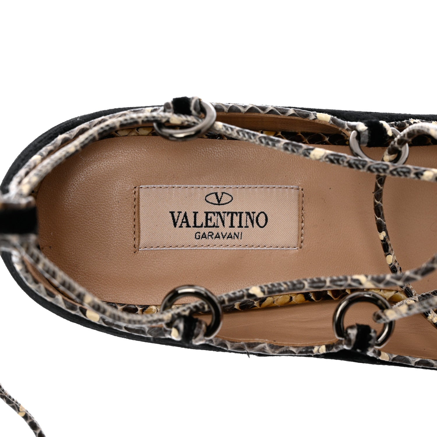 Valentino Garavani Calfskin Snakeskin Embossed Velvet Crossover Ballerina Flats 38 Black Roccia 7 of 9