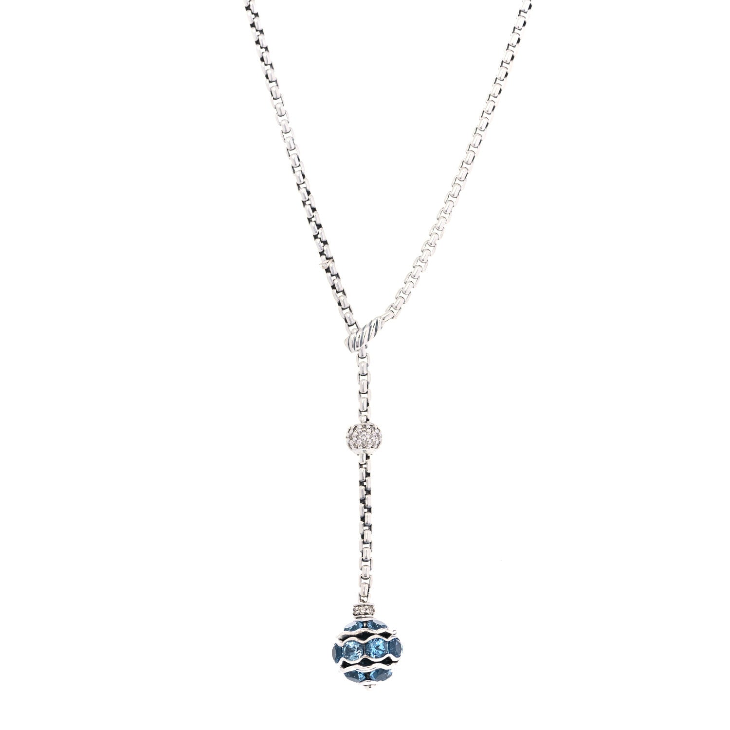 David Yurman Sterling Silver Diamond Blue Topaz Lariat Drop Necklace 3 of 5