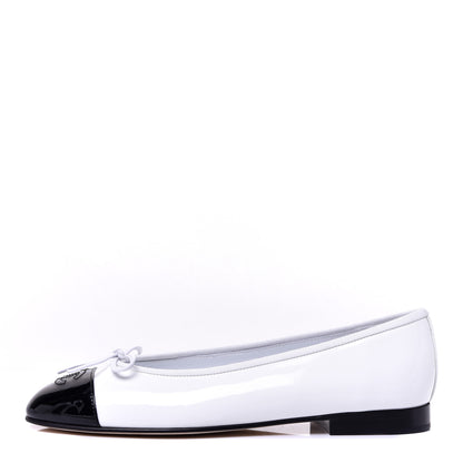 Chanel Calfskin Patent CC Cap Toe Ballerina Flats 38 White Black 1 of 8