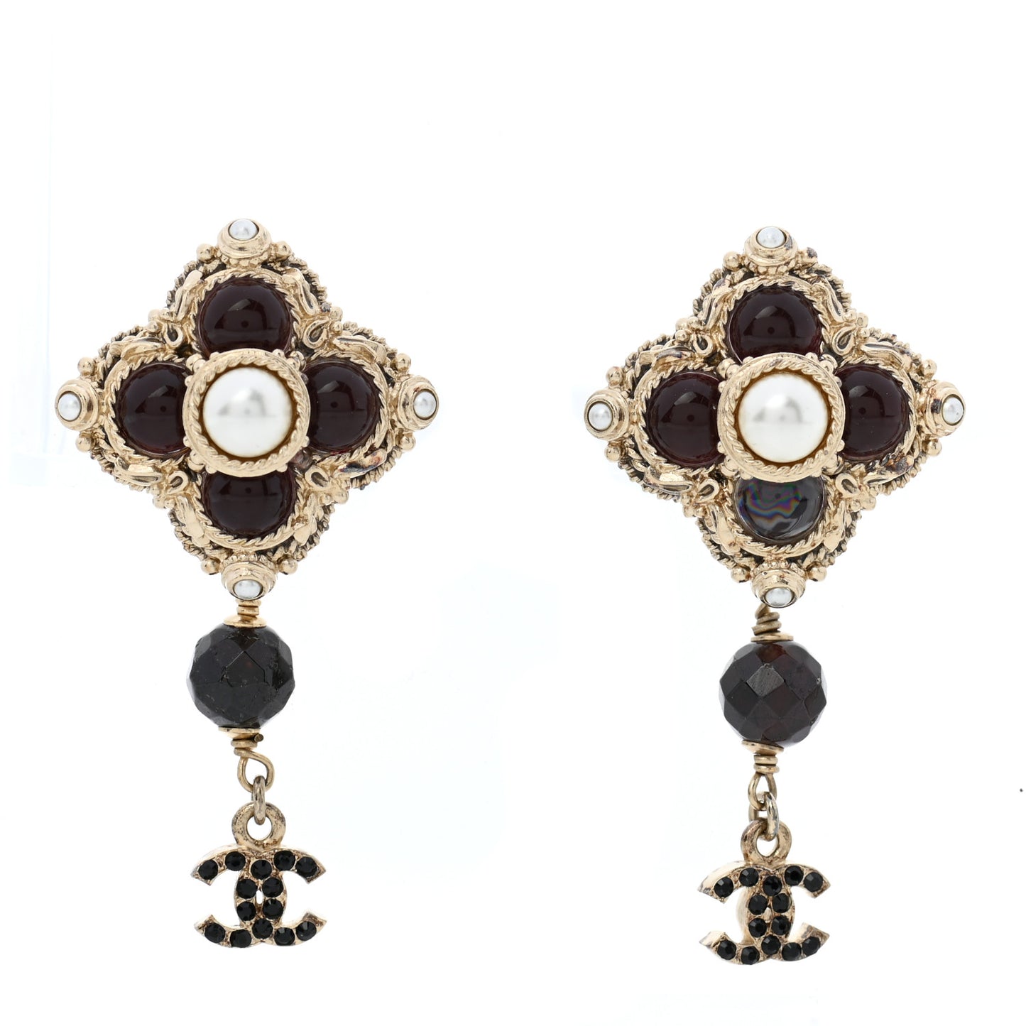 Pearl Bead CC Drop Clip On Earrings Black Gold