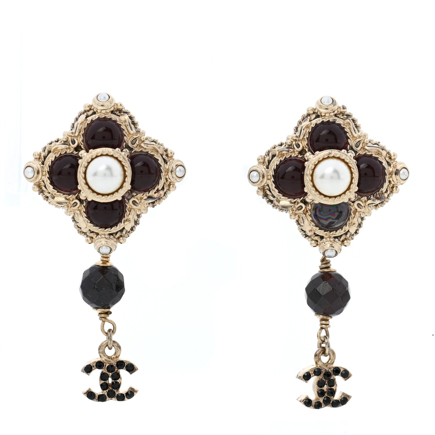 Chanel Pearl Bead CC Drop Clip On Earrings Black Gold 1 of 5