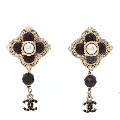 Chanel Pearl Bead CC Drop Clip On Earrings Black Gold 1 of 5