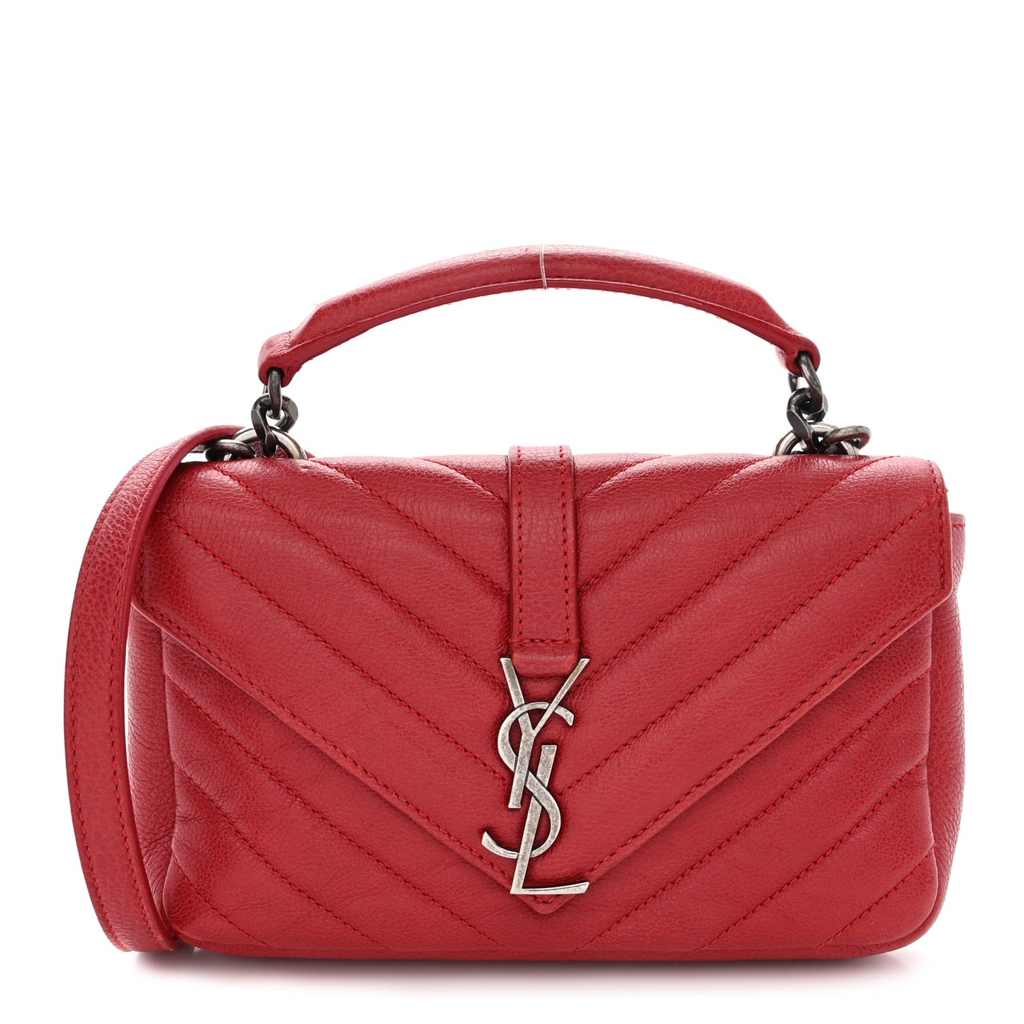SAINT LAURENT Sheepskin Matelasse Chevron Monogram College Chain Wallet New Red