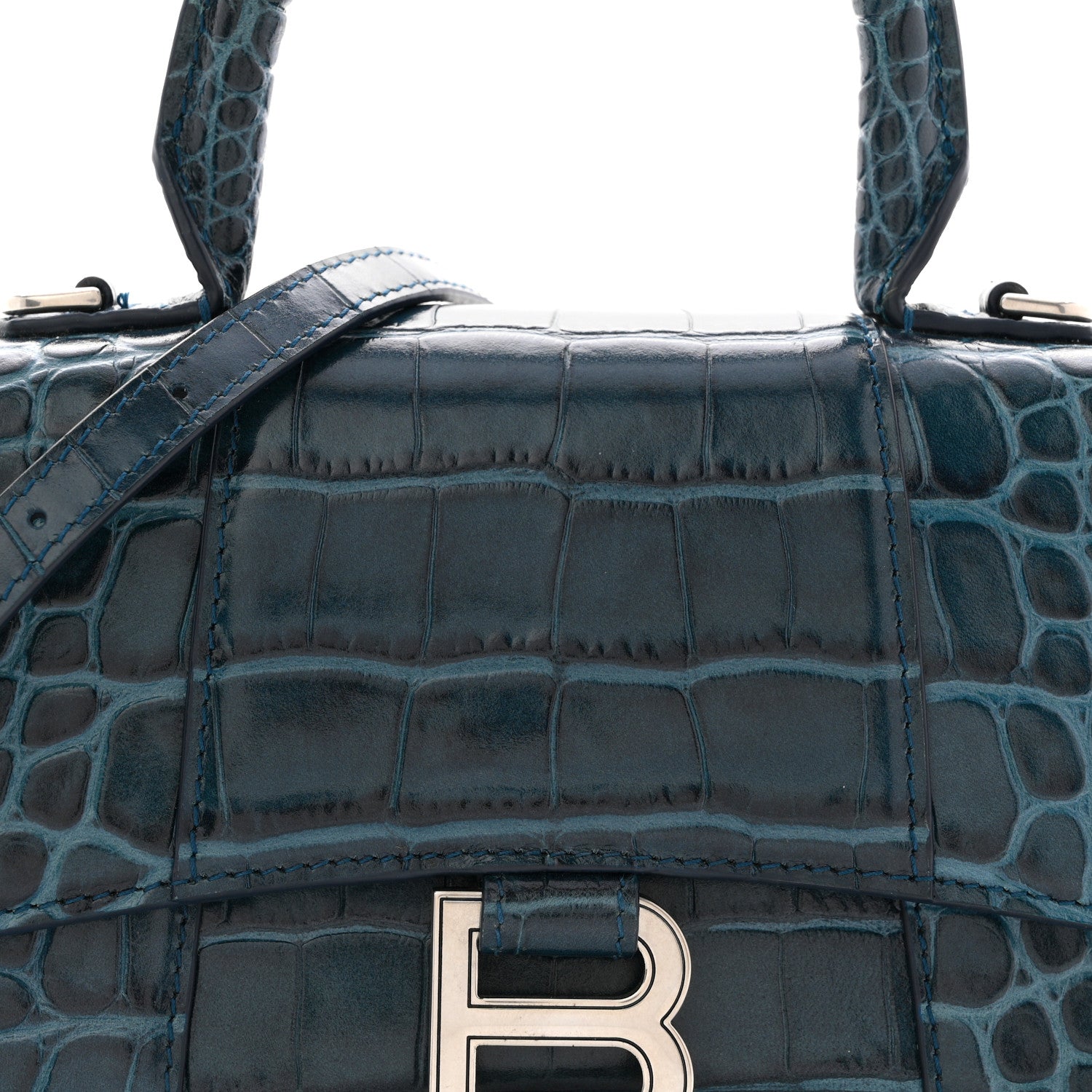 Balenciaga Shiny Calfskin Crocodile Embossed Hourglass Top Handle Bag XS Denim Blue 8 of 12