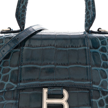 Balenciaga Shiny Calfskin Crocodile Embossed Hourglass Top Handle Bag XS Denim Blue 8 of 12