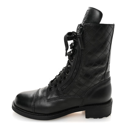 Chanel Calfskin Quilted Lace Up Combat Boots 36.5 Black 1 of 8