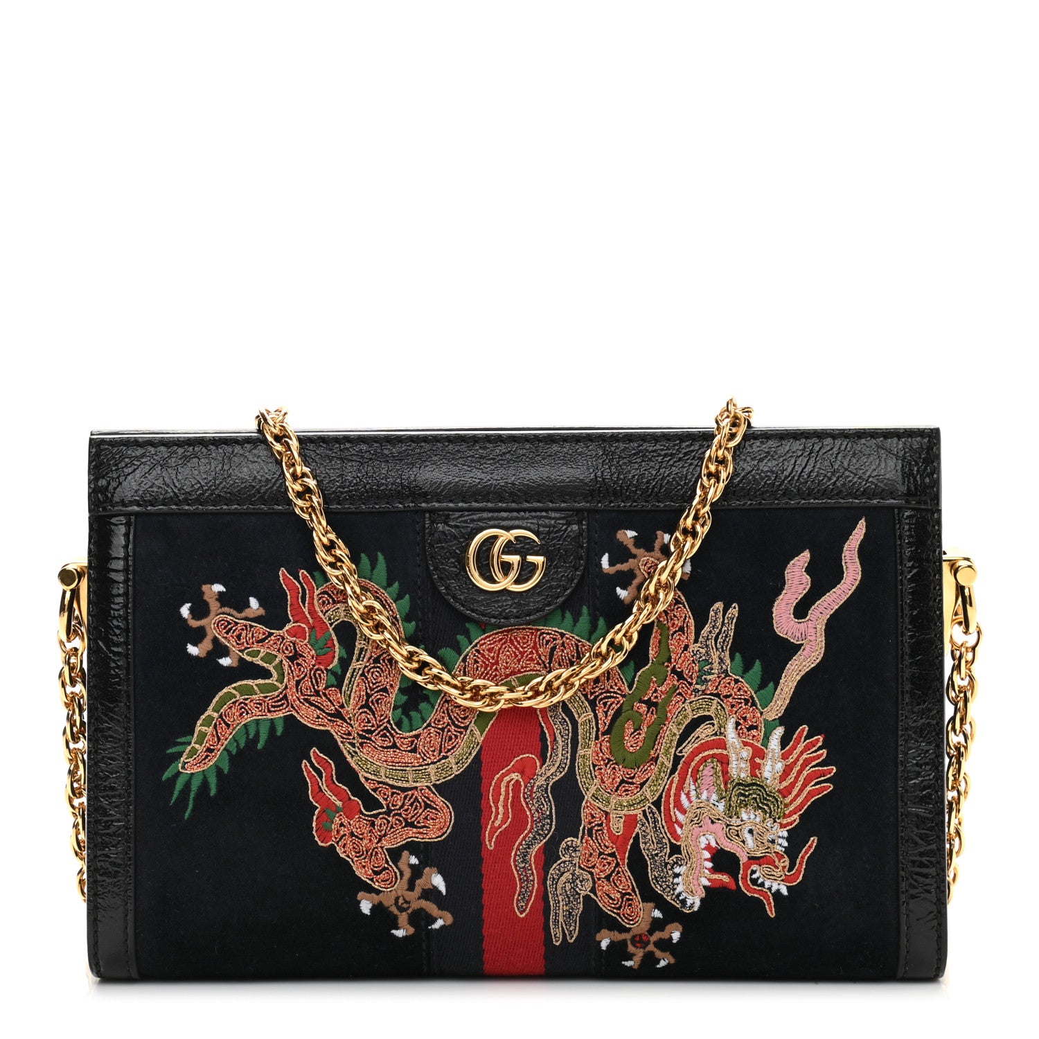 Gucci Suede Patent Web Dragon Embroidered Small Ophidia Chain Shoulder Bag Blue Black 1 of 14