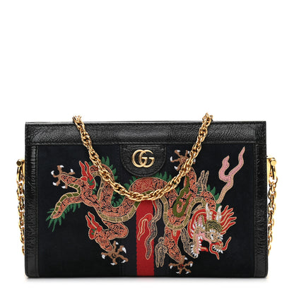 Gucci Suede Patent Web Dragon Embroidered Small Ophidia Chain Shoulder Bag Blue Black 1 of 14
