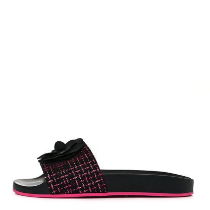 Chanel Tweed Camellia Flat Slide Sandals 39 Black 1 of 8