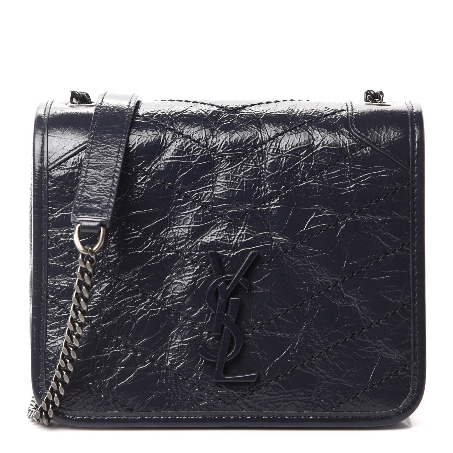 Saint Laurent Crinkled Calfskin Matelasse Monogram Niki Chain Wallet Deep Marine 1 of 10