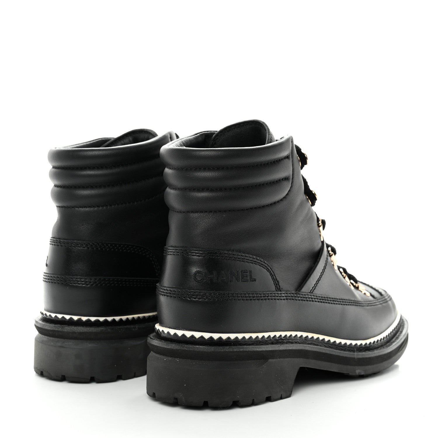 Chanel Calfskin Lambskin Lace Up Boots 37.5 Black 4 of 9