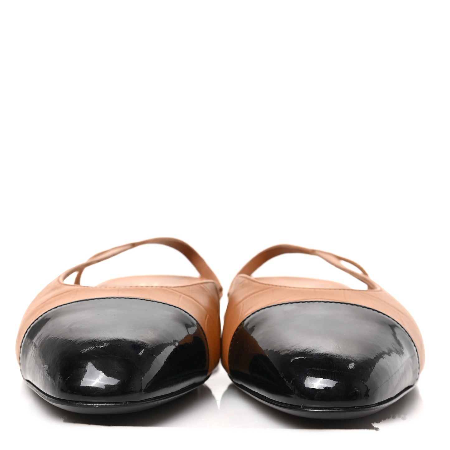 Calfskin Crocodile Embossed Patent Cap Toe CC Slingback Flats 41 Brown Black